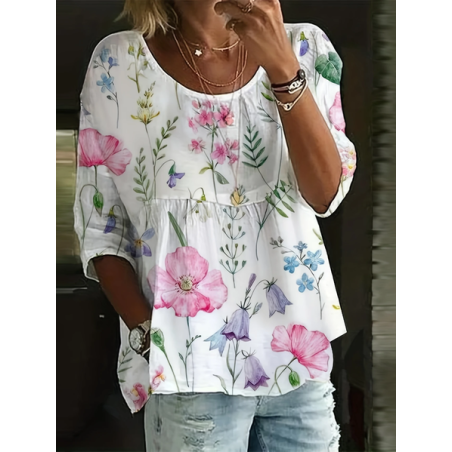 Women Floral Half Sleeve Shirt Summer Printing Crew Neck Daily Casual Top