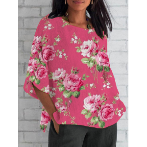 Women Floral Half Sleeve Tee T-shirt Crew Neck Casual Summer Top