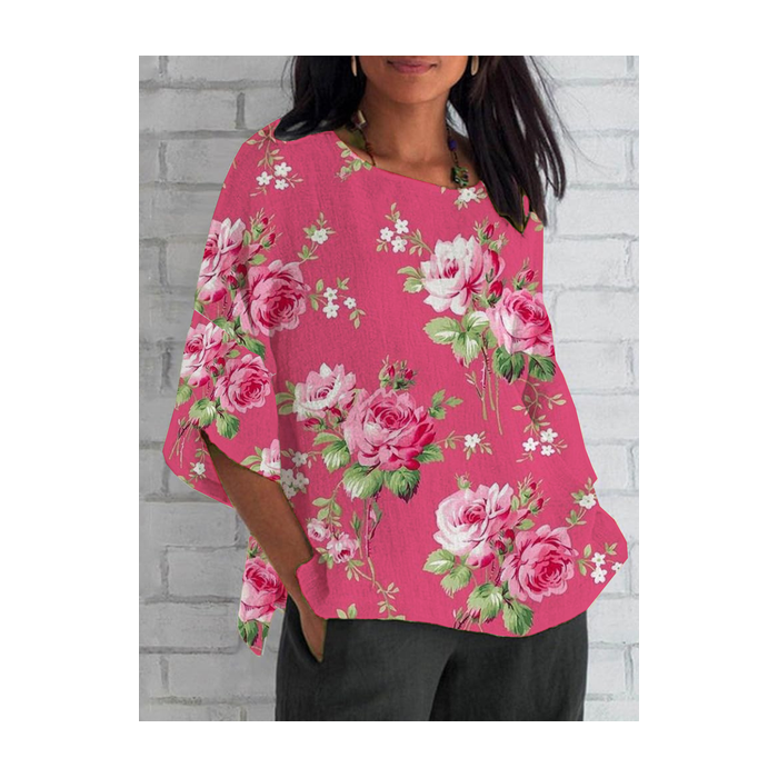 Women Floral Half Sleeve Tee T-shirt Crew Neck Casual Summer Top