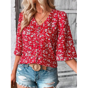 Women Floral Three Quarter Sleeve Blouse Spring/Fall V Neck Bell Sleeve Daily Casual Top