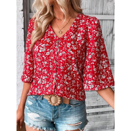 Women Floral Three Quarter Sleeve Blouse Spring/Fall V Neck Bell Sleeve Daily Casual Top