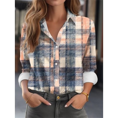 Women's Long Sleeve Shirt Spring/Fall Plaid Printing Shirt Collar Holiday Going Out Vintage Top