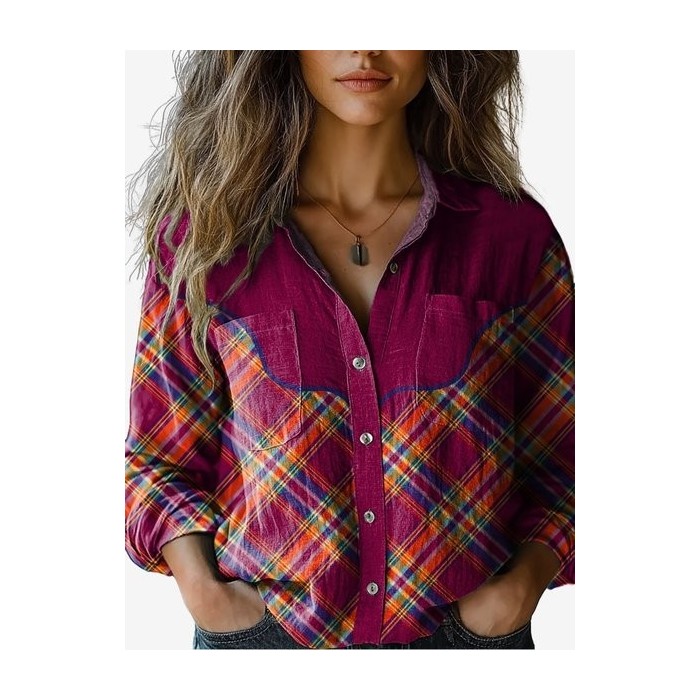 Women's Long Sleeve Shirt Spring/Fall Plaid Shirt Collar Holiday Going Out Casual Top