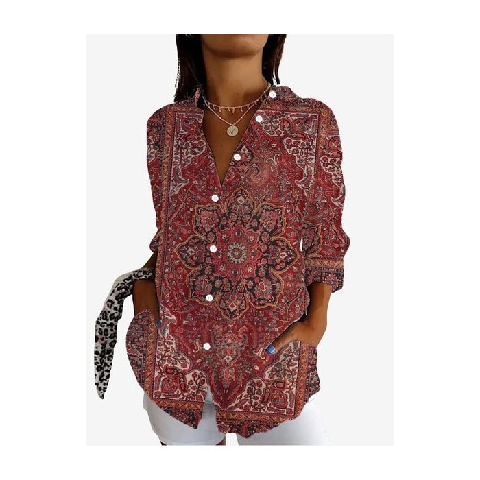 Women's Long Sleeve Shirt Spring/Fall Ethnic Shirt Collar Vacation Going Out Casual Top
