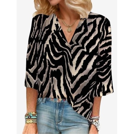 Women's Three Quarter Sleeve Blouse Spring/Fall Zebra V Neck Vacation Going Out Casual Top
