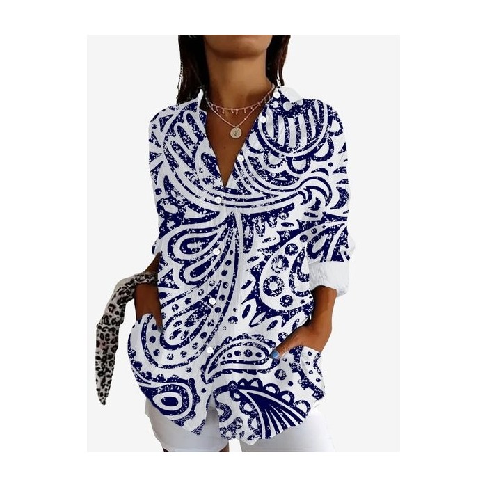 Women's Long Sleeve Shirt Spring/Fall Ethnic Shirt Collar Vacation Going Out Casual Top