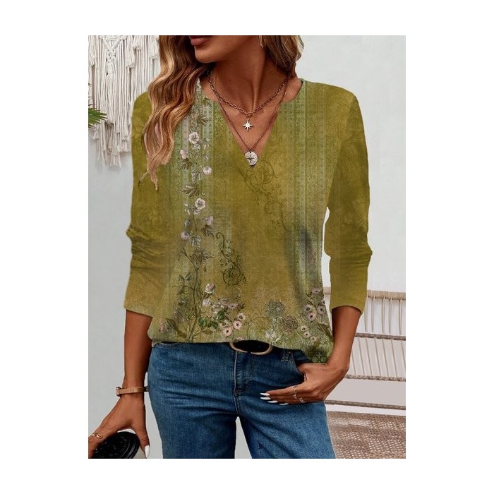 Women's Long Sleeve Blouse Spring/Fall Ethnic Jersey V Neck Daily Going Out Casual Top
