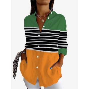 Women's Long Sleeve Shirt Spring/Fall Striped Shirt Collar Daily Going Out Casual Top