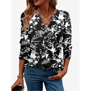 Women's Long Sleeve Floral Blouse Spring/Fall Botanical Pattern Jersey V Neck Daily Going Out Casual Top