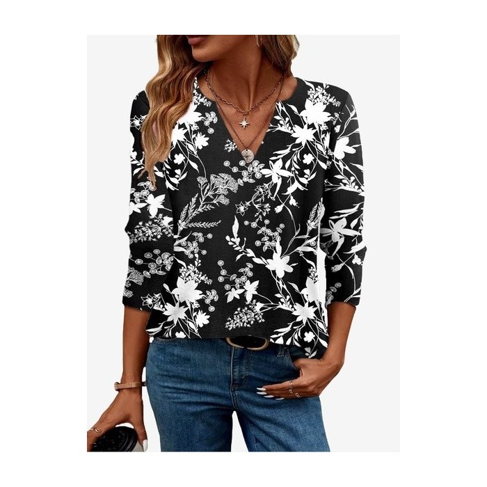Women's Long Sleeve Floral Blouse Spring/Fall Botanical Pattern Jersey V Neck Daily Going Out Casual Top