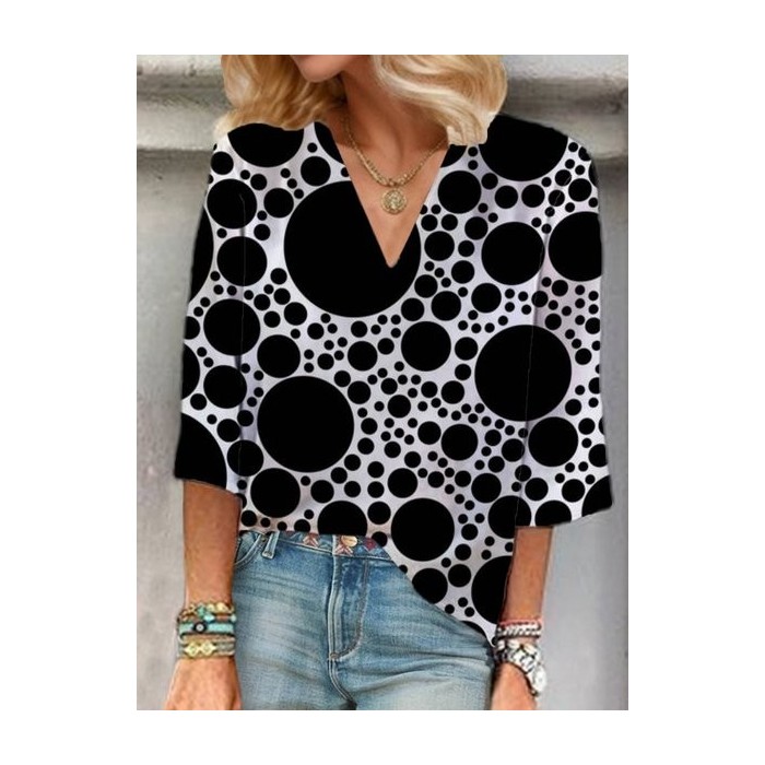 Women's Three Quarter Sleeve Blouse Spring/Fall Polka Dots V Neck Holiday Going Out Casual Top