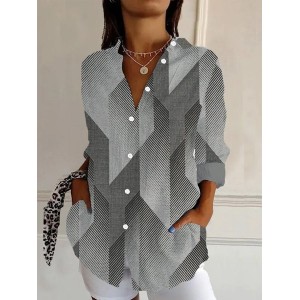 Women's Long Sleeve Shirt Spring/Fall Geometric Shirt Collar Daily Going Out Casual Top