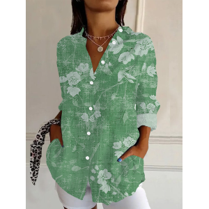 Women's Long Sleeve Shirt Spring/Fall Floral Buckle Shirt Collar Daily Going Out Casual Top