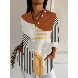 Women's Long Sleeve Shirt Spring/Fall Striped Buckle Shirt Collar Daily Going Out Casual Top