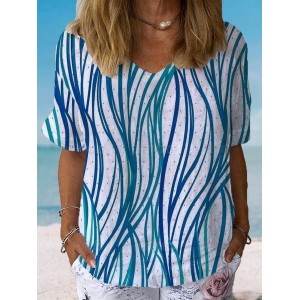 Women's Short Sleeve Blouse Summer Abstract Cotton Crew Neck Daily Going Out Casual Top