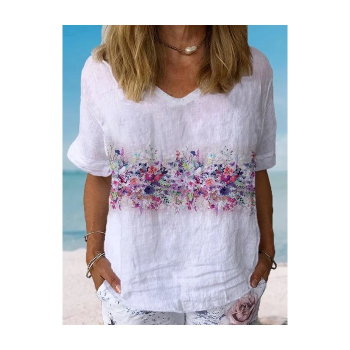 Women's Short Sleeve Blouse Summer Floral Cotton Crew Neck Daily Going Out Casual Top