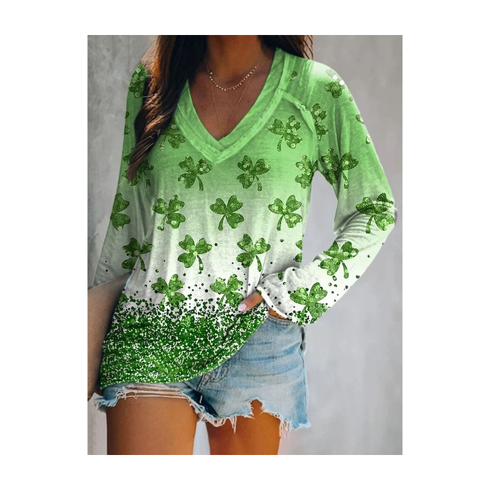 Women's Long Sleeve Blouse Spring/Fall Shamrock St. Patrick's Day Floral V Neck Daily Going Out Casual Top