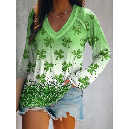 Women's Long Sleeve Blouse Spring/Fall Shamrock St. Patrick's Day Floral V Neck Daily Going Out Casual Top