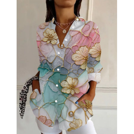Women's Long Sleeve Shirt Spring/Fall Floral Buckle Shirt Collar Daily Going Out Casual Top