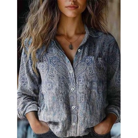 Women's Long Sleeve Shirt Spring/Fall Ethnic Shawl Collar Daily Going Out Vintage Top