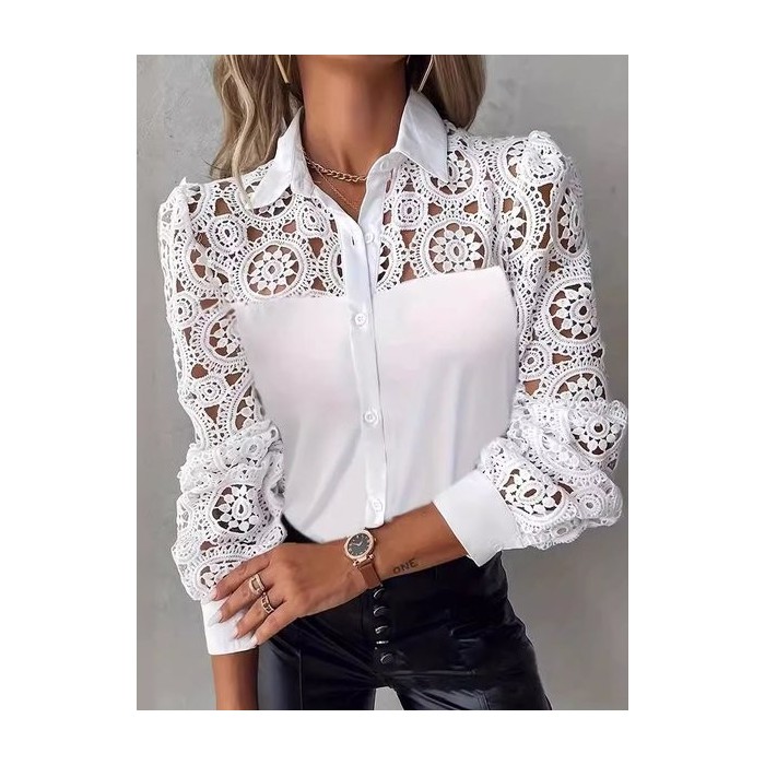 Women's Long Sleeve Shirt Spring/Fall Plain Lace Shirt Collar Daily Going Out Casual Top