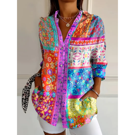 Women's Floral Long Sleeve Shirt Spring/Fall Buckle Shirt Collar Daily Casual Top
