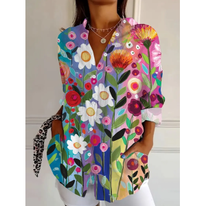 Women's Floral Long Sleeve Shirt Spring/Fall Buckle Shirt Collar Daily Casual Top