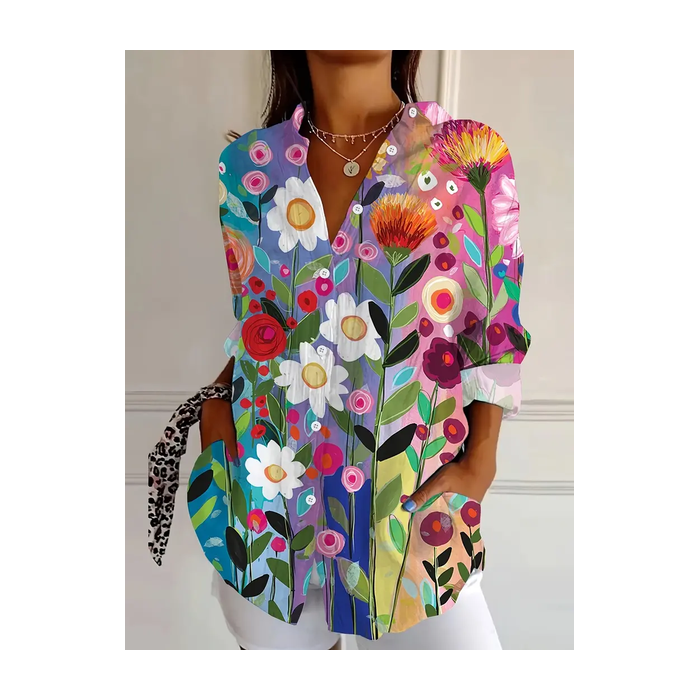 Women's Floral Long Sleeve Shirt Spring/Fall Buckle Shirt Collar Daily Casual Top