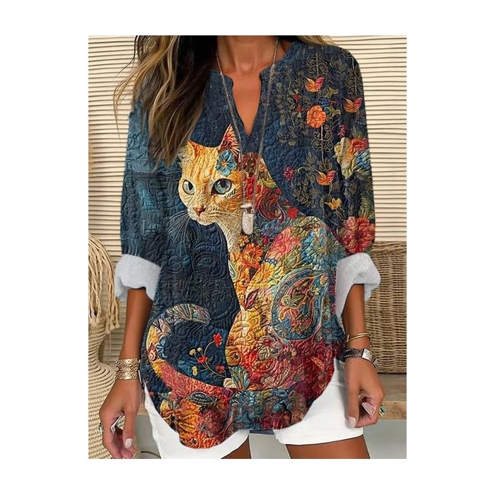 Women's Long Sleeve Shirt Spring/Fall Cat V Neck Daily Going Out Casual Top