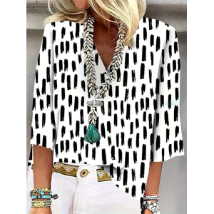 Women's Geometric Three Quarter Sleeve Blouse_ Spring/Fall Printing V Neck Daily Casual Top