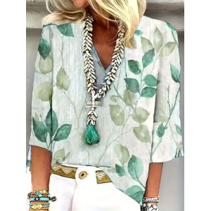 Women's Floral Three Quarter Sleeve Blouse_ Spring/Fall Printing V Neck Daily Casual Top
