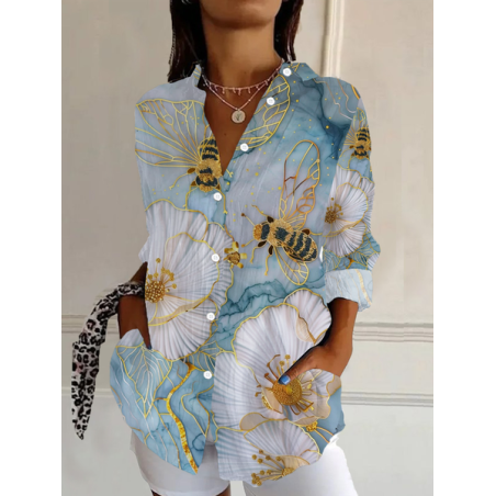 Women's Floral Long Sleeve Shirt Spring/Fall Buckle Shirt Collar Daily Casual Top