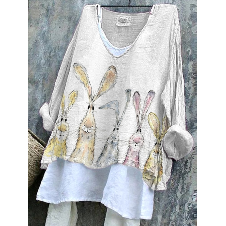 Women's Easter (rabbit) Long Sleeve Blouse_ Spring/Fall Printing V Neck Daily Casual Top