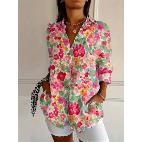 Women's Floral Long Sleeve Shirt Spring/Fall Buckle Shirt Collar Daily Casual Top