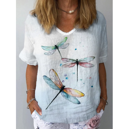 Women Dragonfly Short Sleeve Blouse Summer Crew Neck Daily Casual Top