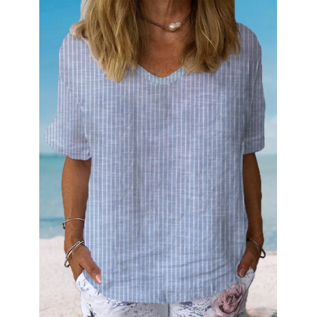 Women Striped Short Sleeve Blouse Summer Crew Neck Daily Casual Top