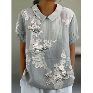 Women Floral Short Sleeve Shirt Summer Printing Shawl Collar Daily Casual Top