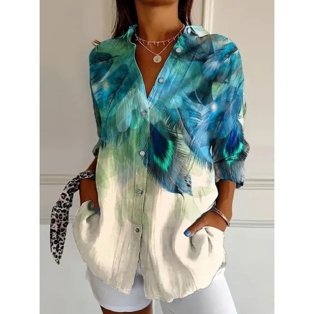 Women Feather Long Sleeve Shirt Spring/Fall Buckle Shirt Collar Daily Casual Top