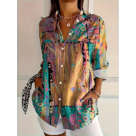 Women Abstract Long Sleeve Shirt Spring/Fall Buckle Shirt Collar Daily Casual Top