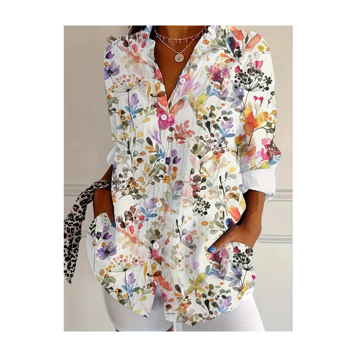 Women Floral Long Sleeve Shirt Spring/Fall Buckle Shirt Collar Daily Casual Top