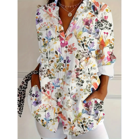 Women Floral Long Sleeve Shirt Spring/Fall Buckle Shirt Collar Daily Casual Top
