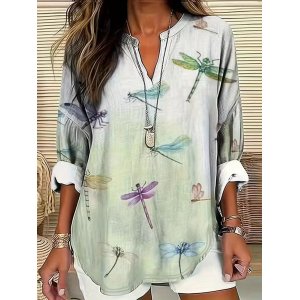 Women Dragonfly Long Sleeve Blouse Spring/Fall Printing V Neck Daily Casual Top