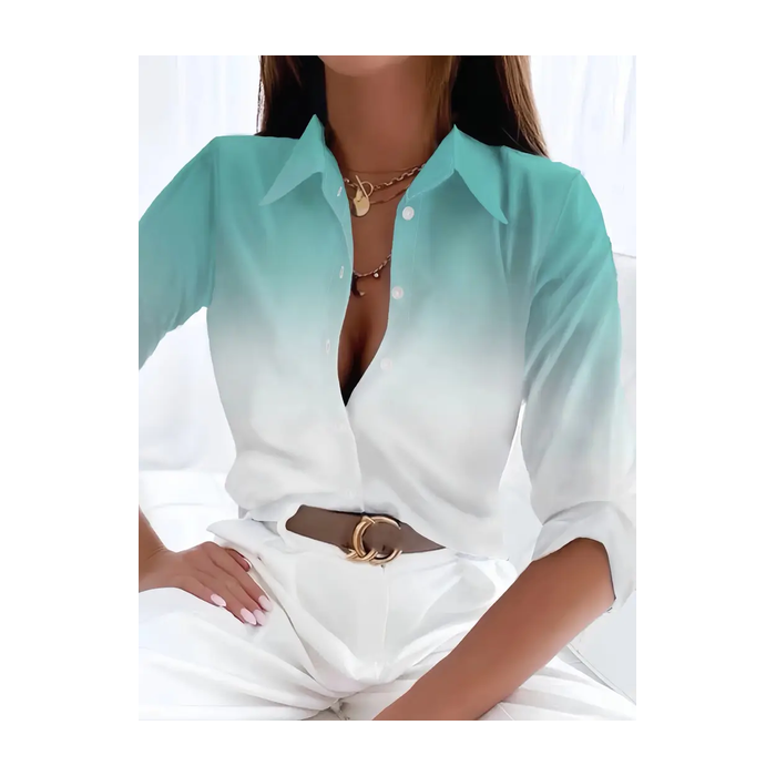 Women Ombre Long Sleeve Shirt Spring/Fall Printing Shirt Collar Daily Casual Top