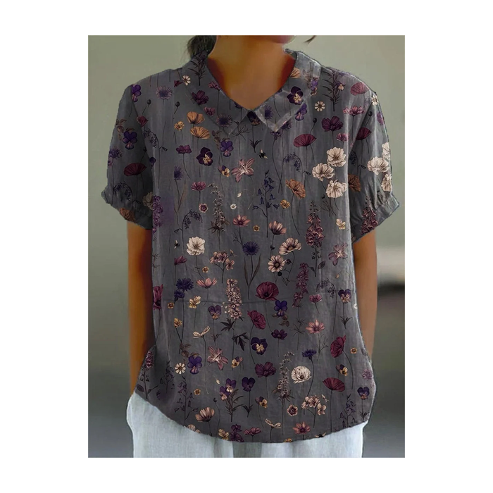 Women Floral Short Sleeve Shirt Summer Printing Shawl Collar Daily Casual Top