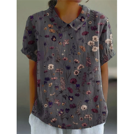 Women Floral Short Sleeve Shirt Summer Printing Shawl Collar Daily Casual Top