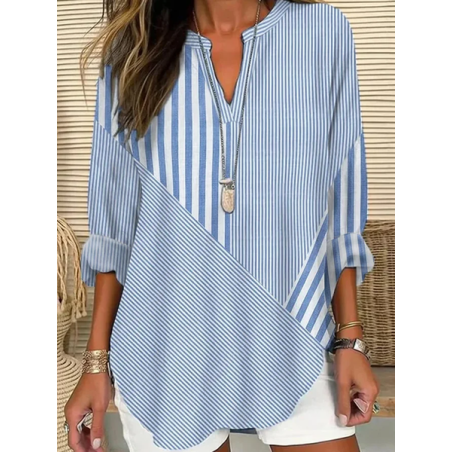 Women Striped Long Sleeve Blouse Spring/Fall Printing V Neck Daily Casual Top