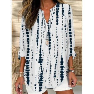 Women Striped Long Sleeve Blouse Spring/Fall Printing V Neck Daily Casual Top