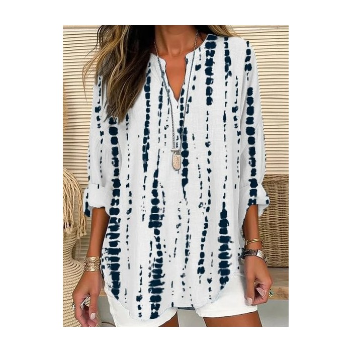 Women Striped Long Sleeve Blouse Spring/Fall Printing V Neck Daily Casual Top