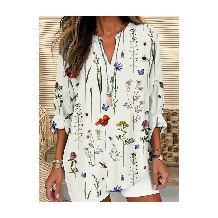 Women Floral Long Sleeve Blouse Spring/Fall Printing V Neck Daily Casual Top