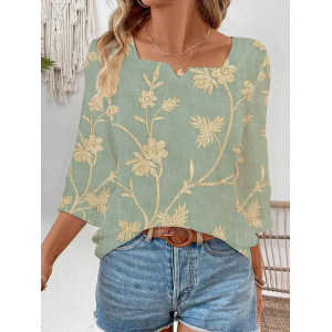 Women Floral Three Quarter Sleeve Blouse Spring/Fall Printing Notched Daily Casual Top